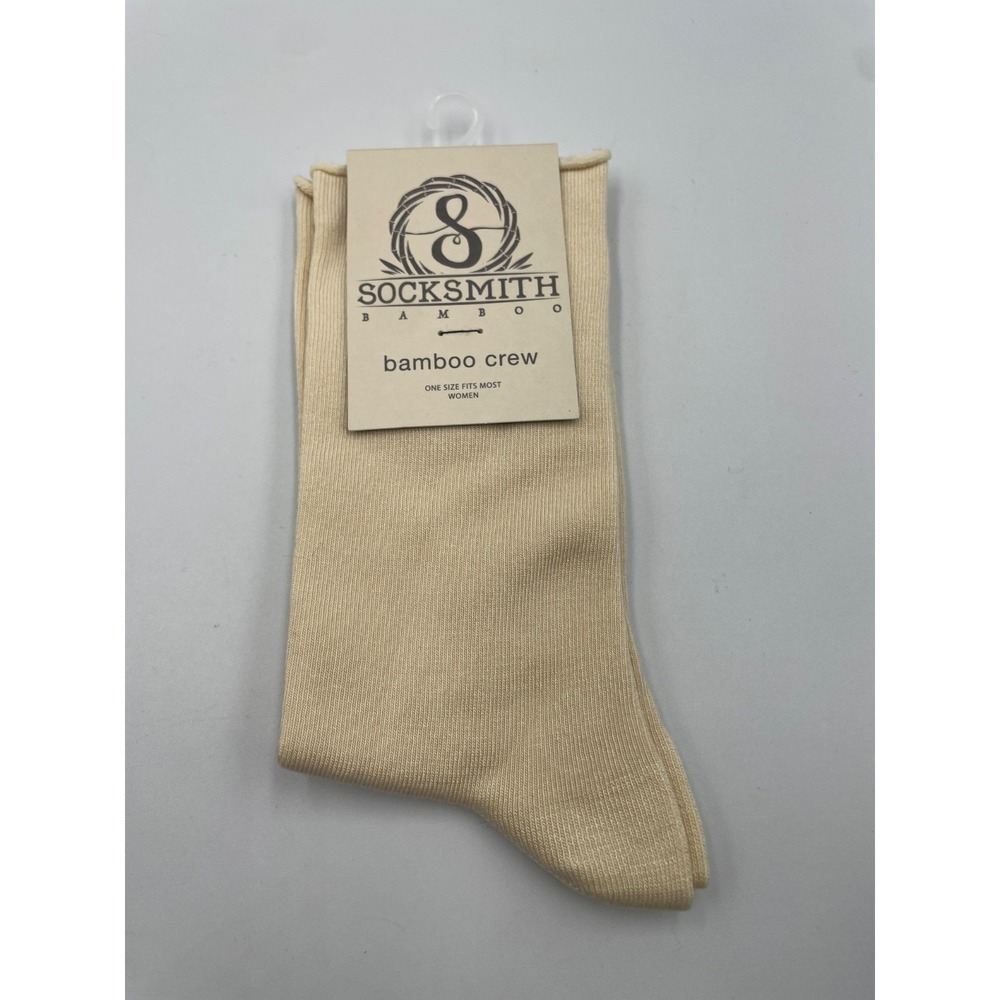 Socksmith Bamboo Crew Socks Womens 9-11 Beige Solid Roll-Top Seamless Toe NWT